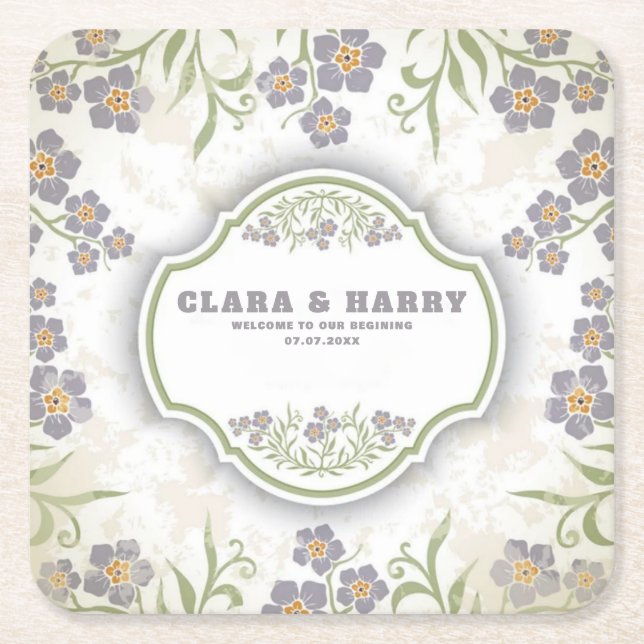 Elegant romantic calligraphy retro floral wedding  square paper coaster (Front)
