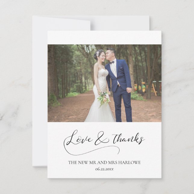 Elegant romantic calligraphy wedding photo thank you card (Front)