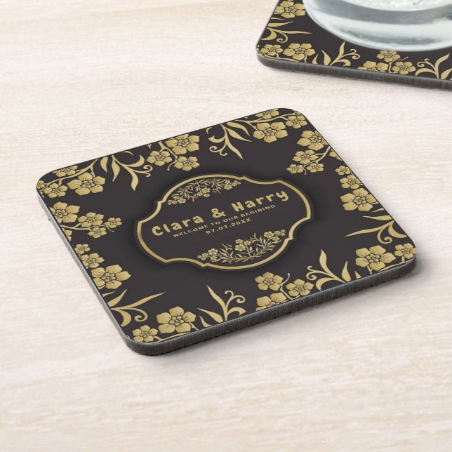 Elegant romantic champagne gold  floral wedding  coaster (Left Side)