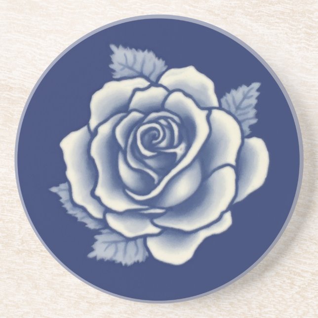 Elegant Romantic Chic Blue Floral Damask Rose Coaster (Front)