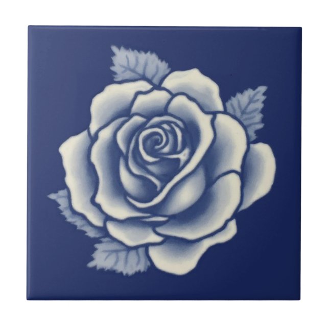 Elegant Romantic Chic Blue Floral Damask Rose Tile (Front)