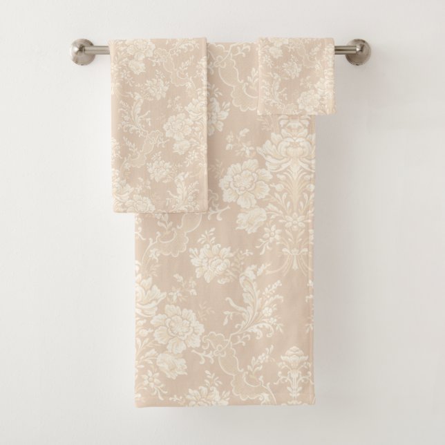 Elegant Romantic Chic Floral Damask-Cream Bath Towel Set (Insitu)