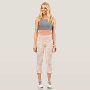 Elegant Romantic Chic Floral Damask-Cream Capri Leggings
