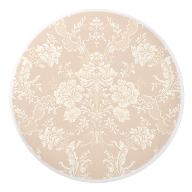 Elegant Romantic Chic Floral Damask-Cream Ceramic Knob (Front)