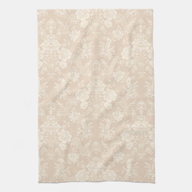 Elegant Romantic Chic Floral Damask-Cream Tea Towel (Vertical)