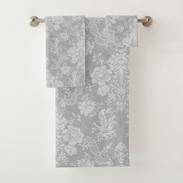 Elegant Romantic Chic Floral Damask-Grey Bath Towel Set (Insitu)