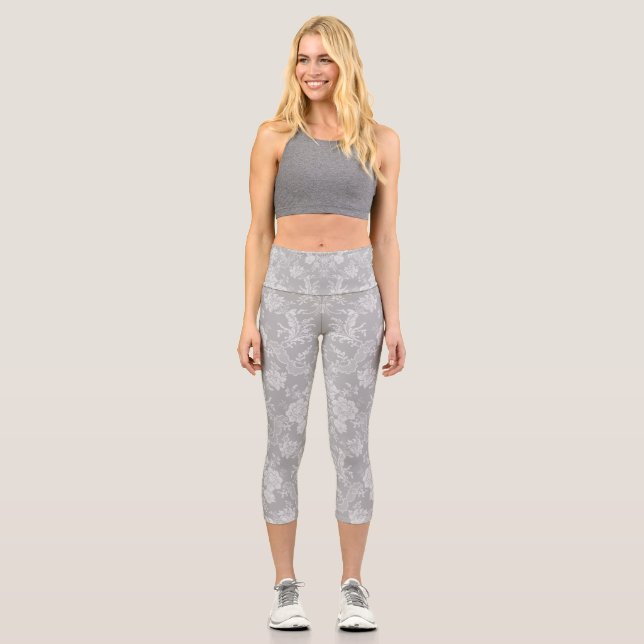 Elegant Romantic Chic Floral Damask-Grey Capri Leggings (Front)