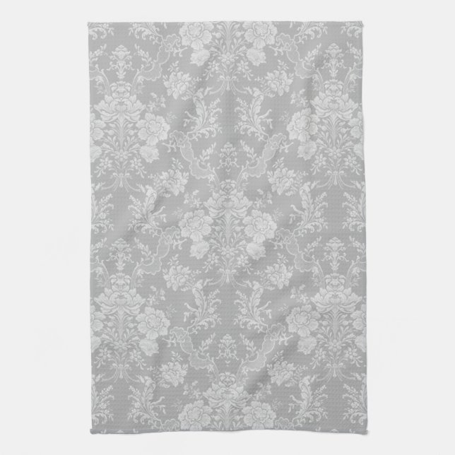 Elegant Romantic Chic Floral Damask-Grey Tea Towel (Vertical)