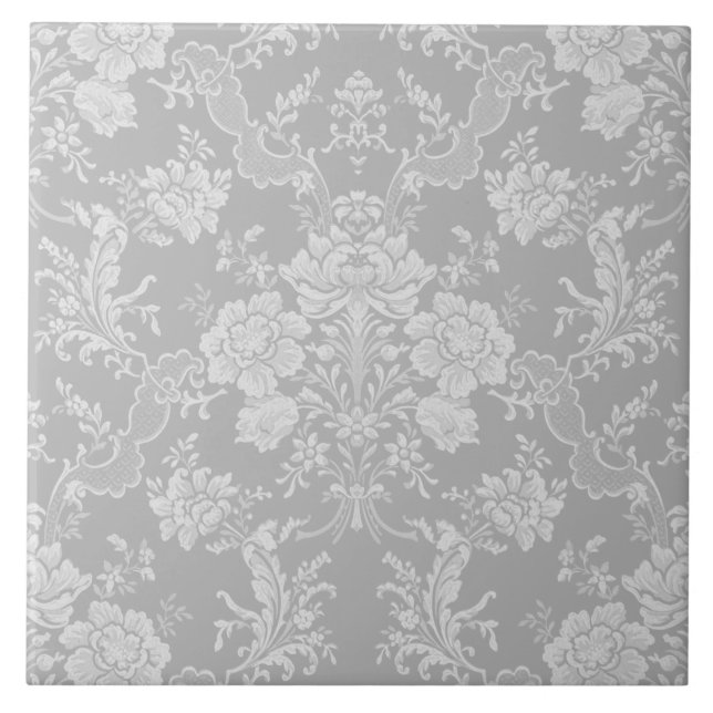 Elegant Romantic Chic Floral Damask-Grey Tile (Front)