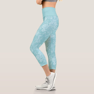 Elegant Romantic Chic Floral Damask-Mint Capri Leggings