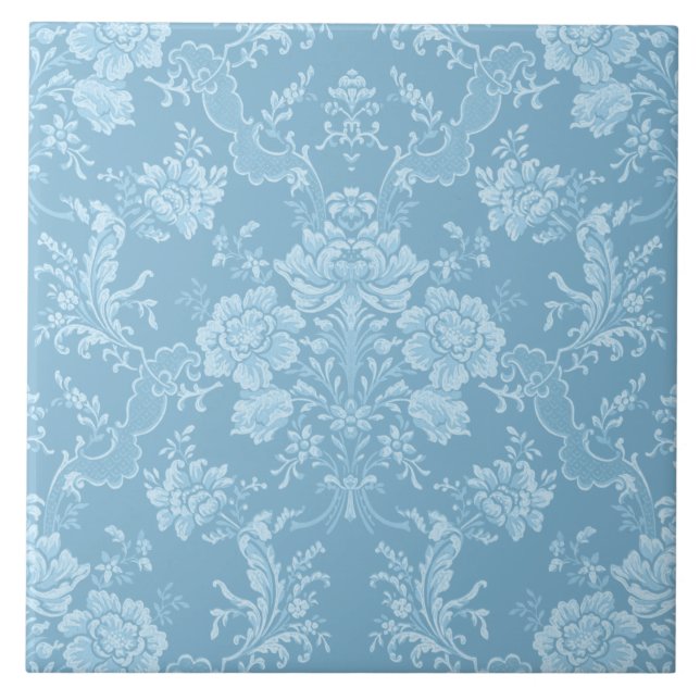 Elegant Romantic Chic Floral Damask-Pastel Blue Tile (Front)