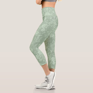 Elegant Romantic Chic Floral Damask-Sage Green Capri Leggings