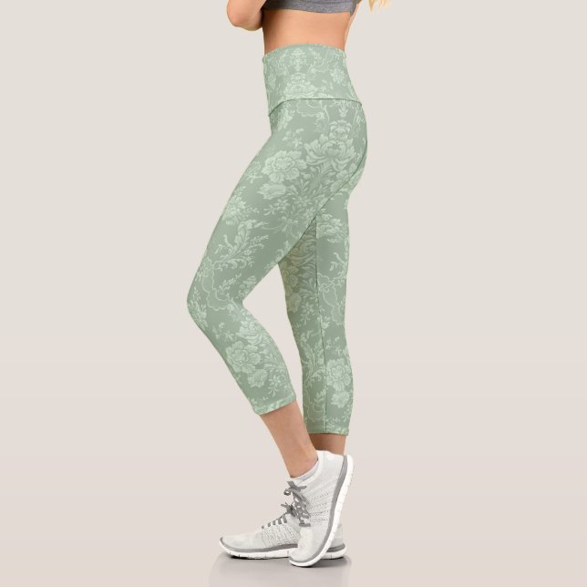 Elegant Romantic Chic Floral Damask-Sage Green Capri Leggings (Left)