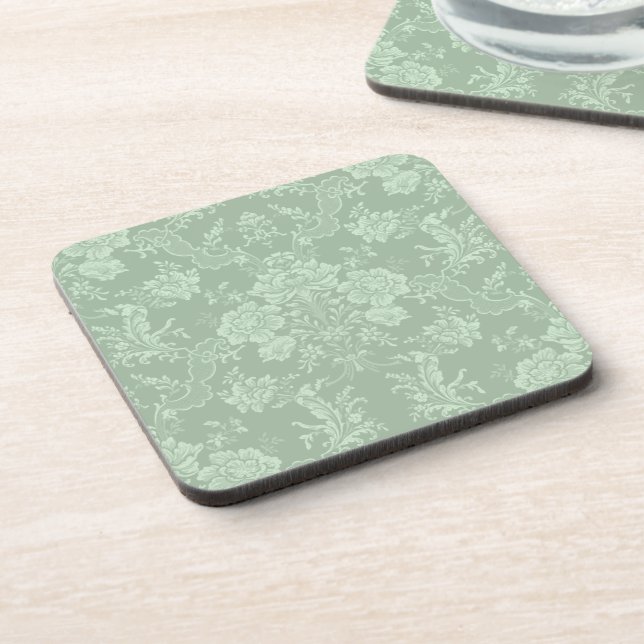 Elegant Romantic Chic Floral Damask-Sage Green Coaster (Left Side)