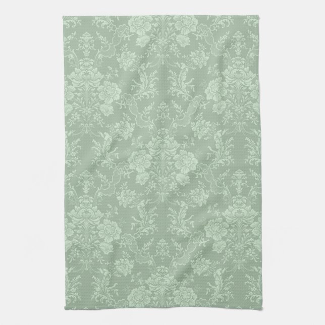 Elegant Romantic Chic Floral Damask-Sage Green Tea Towel (Vertical)