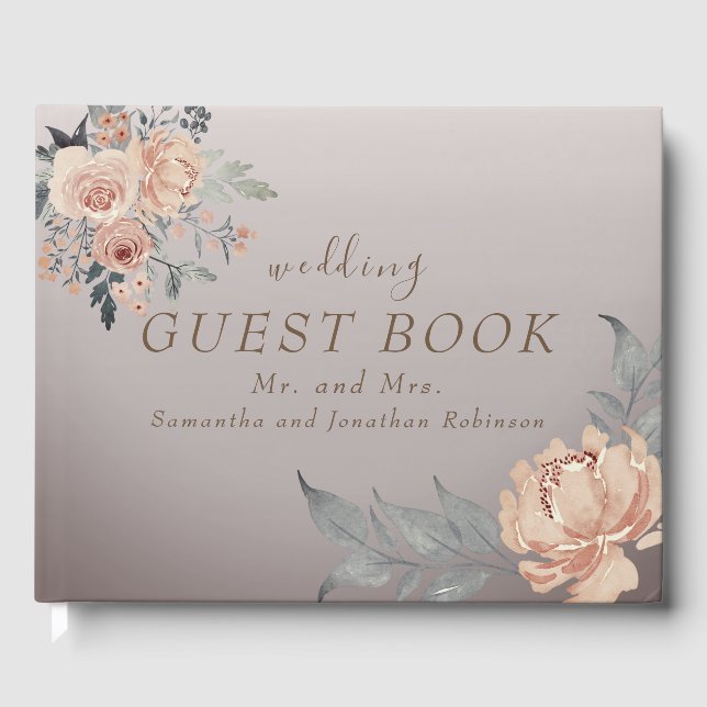 Elegant Romantic Coral Gold Script Floral Wedding Guest Book (Front)