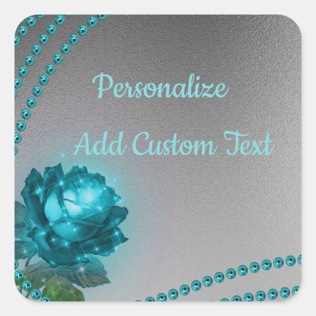 Elegant Romantic Crystal Blue Rose Pearls Chic Square Sticker (Front)