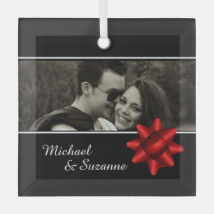 Elegant Romantic Custom Photo Red Ribbon Glass Tree Decoration