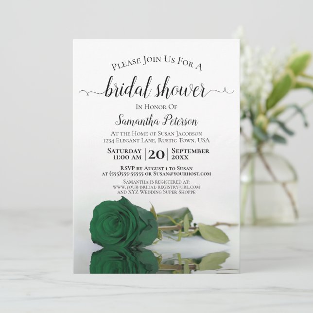Elegant Romantic Emerald Green Rose Bridal Shower Invitation (Standing Front)