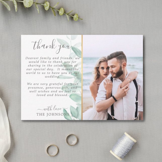 Elegant romantic eucalyptus photo wedding thank you card (Creator Uploaded)