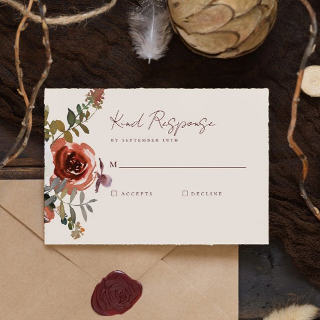 Elegant Romantic Fall Floral Red Wedding RSVP Card (Creator Uploaded)