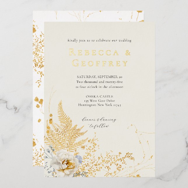 Elegant Romantic Fern Rose Floral Wedding Gold (Front/Back)