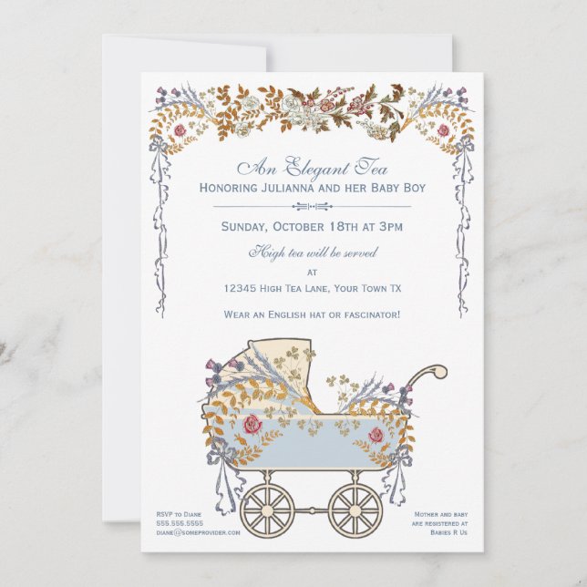 Elegant Romantic Floral Baby Buggy Shower Invitation (Front)