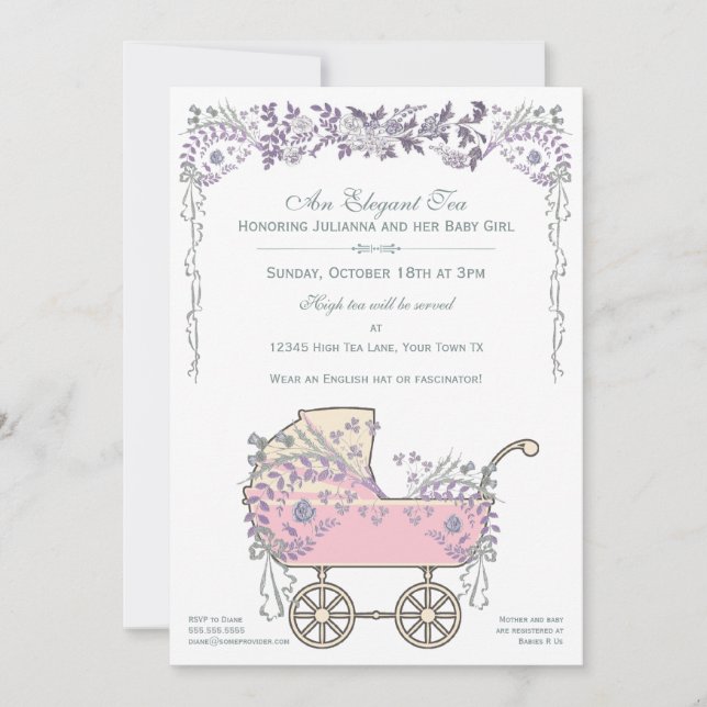 Elegant Romantic Floral Baby Girl Buggy Shower Invitation (Front)