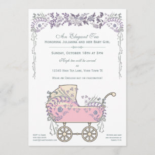 Elegant Romantic Floral Baby Girl Buggy Shower Invitation