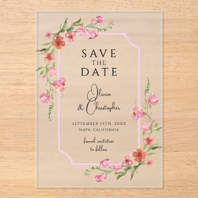 Elegant Romantic Floral Save The Date Acrylic Invitations (Front)