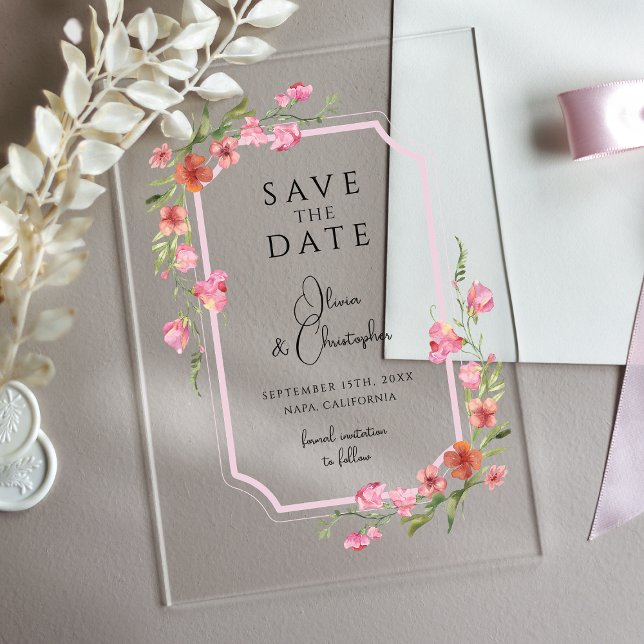 Elegant Romantic Floral Save The Date Acrylic Invitations (Creator Uploaded)