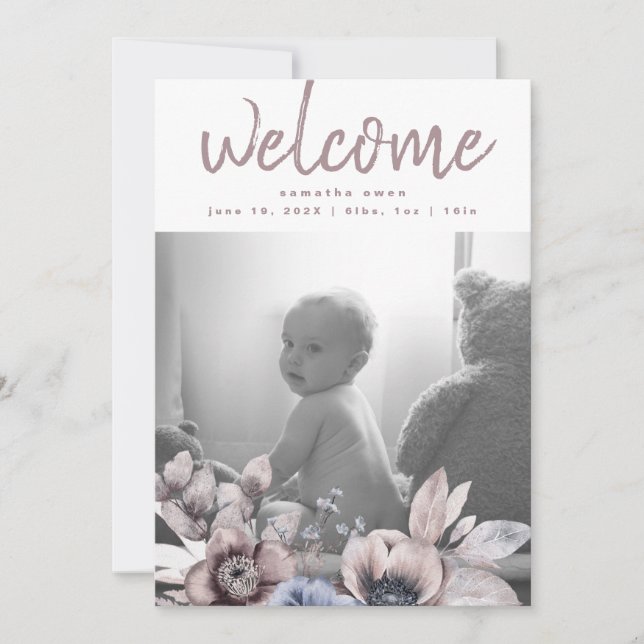 Elegant | Romantic Floral | Watercolor Girl Baby Announcement (Front)