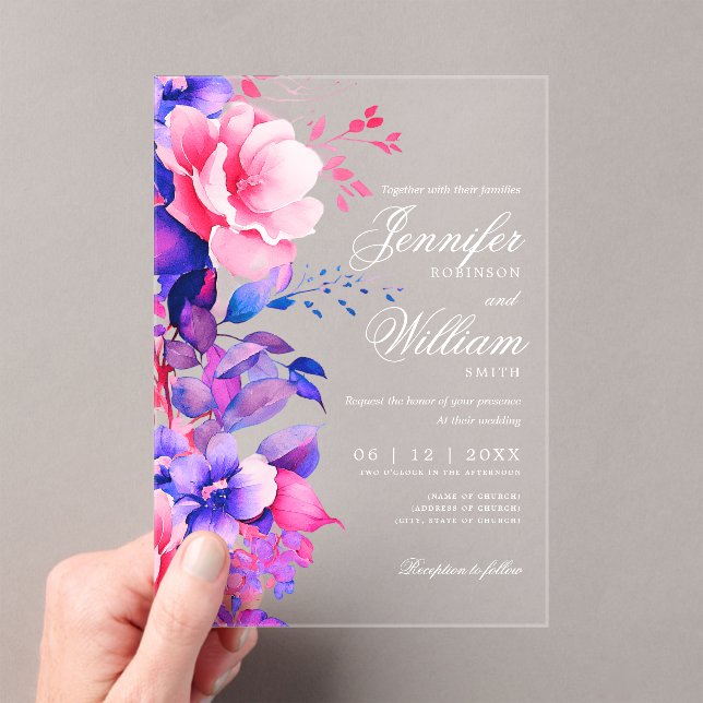 Elegant Romantic Floral Wedding Script Purple  Acrylic Invitations (Insitu (Handheld))