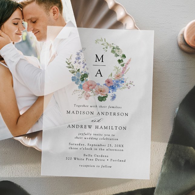 Elegant Romantic Floral Wreath Monogram Wedding Vellum Invitations (Creator Uploaded)