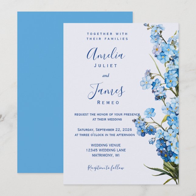 Elegant Romantic 'Forget-Me-Not' Floral Wedding Invitation (Front/Back)