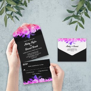 Elegant Romantic Glow Roses Neon Floral Wedding All In One Invitation