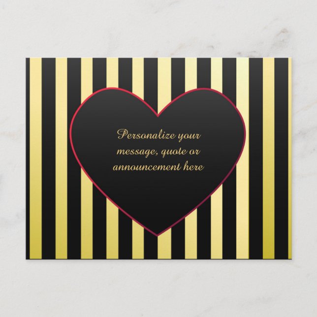 Elegant & Romantic Gold Black Stripe Heart Announcement Postcard (Front)