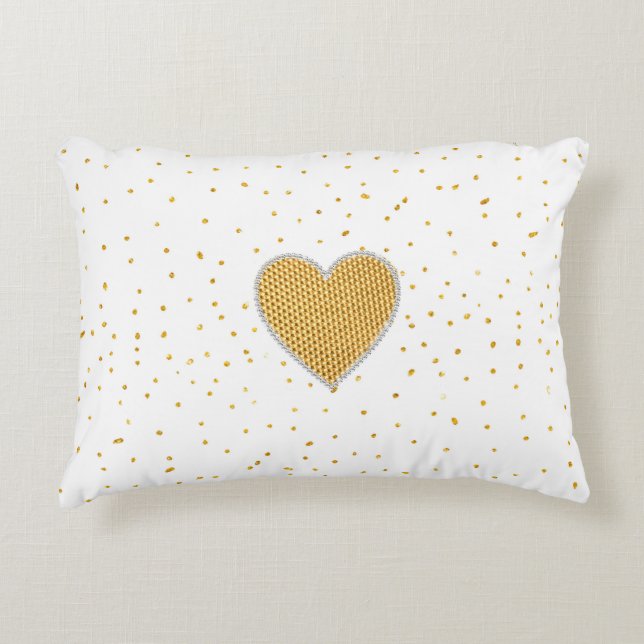 Elegant romantic gold heart faux glitter dots decorative cushion (Front)