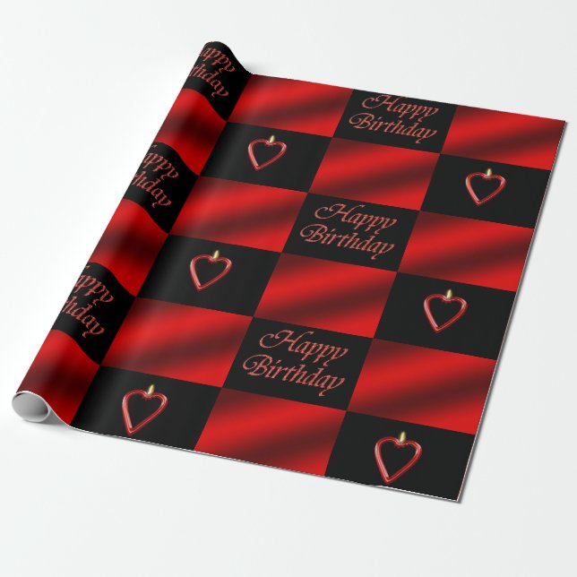 Elegant Romantic Happy Birthday Red & Black Heart Wrapping Paper (Unrolled)