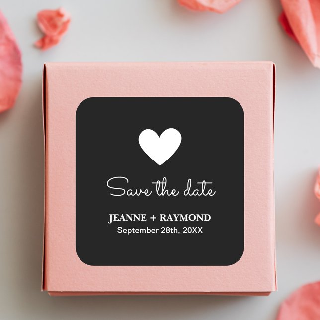 Elegant Romantic Heart Black Wedding Save the date Square Sticker (Creator Uploaded)