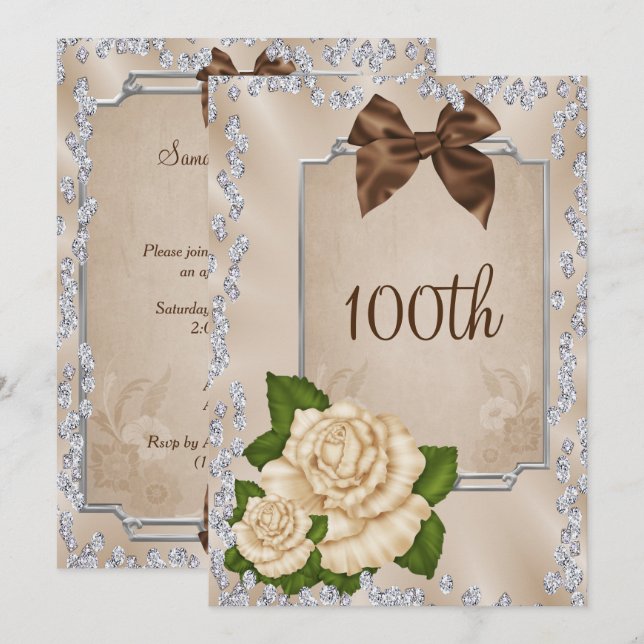 Elegant Romantic Ivory Roses & Bows 100th Invitation (Front/Back)