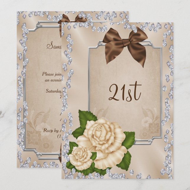 Elegant Romantic Ivory Roses & Bows 21st Invitation (Front/Back)