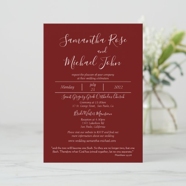 Elegant Romantic Ivory Scripts Burgundy Wedding Invitation (Standing Front)