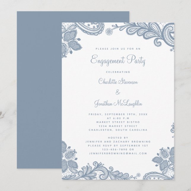 Elegant Romantic Lace Engagement Party Dusty Blue Invitation (Front/Back)