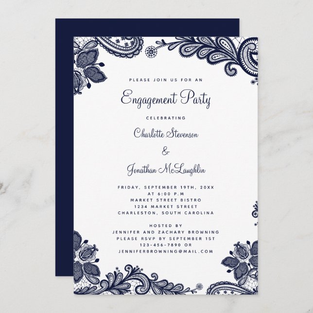 Elegant Romantic Lace Engagement Party Navy Blue Invitation (Front/Back)