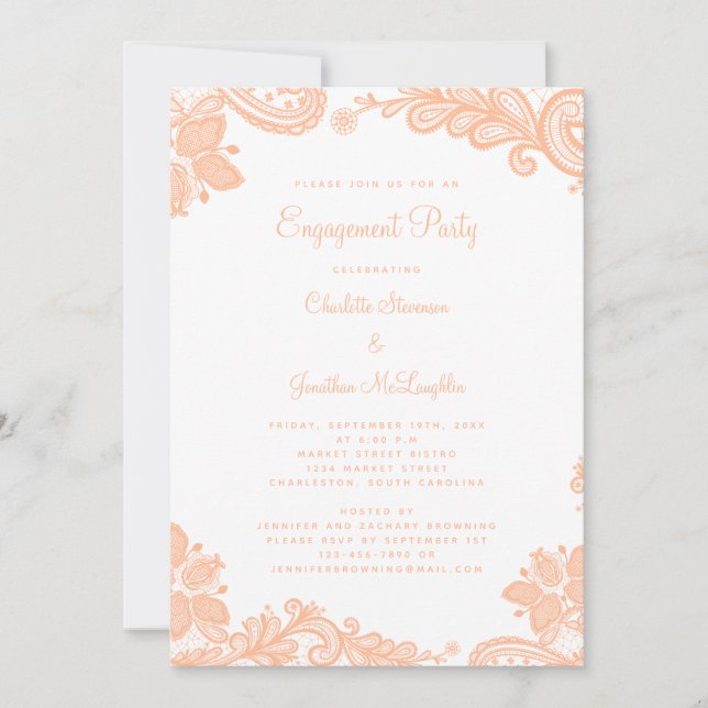 Elegant Romantic Lace Engagement Party Peach Invitation (Front)