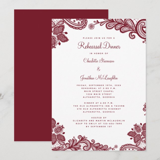Elegant Romantic Lace Red Wedding Rehearsal Dinner Invitation (Front/Back)