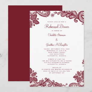 Elegant Romantic Lace Red Wedding Rehearsal Dinner Invitation