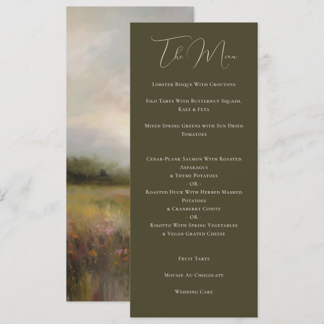 Elegant Romantic Landscape Painting Green Wedding Menu (Front/Back)