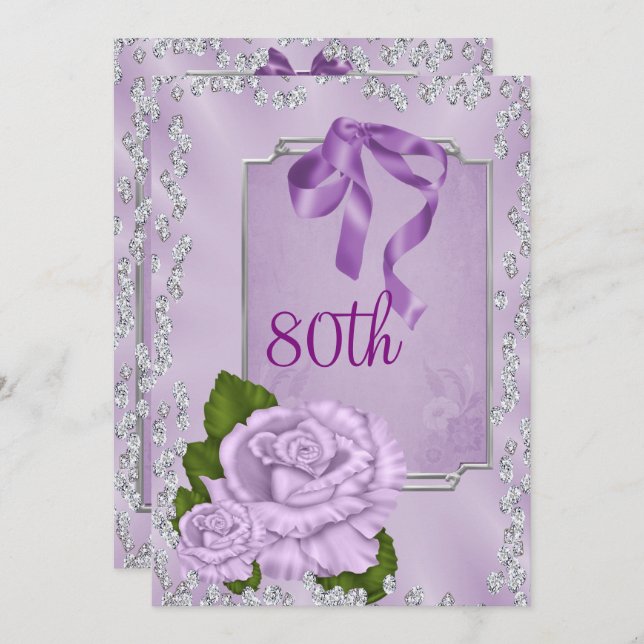 Elegant Romantic Lilac Roses & Bows 80th Invitation (Front/Back)